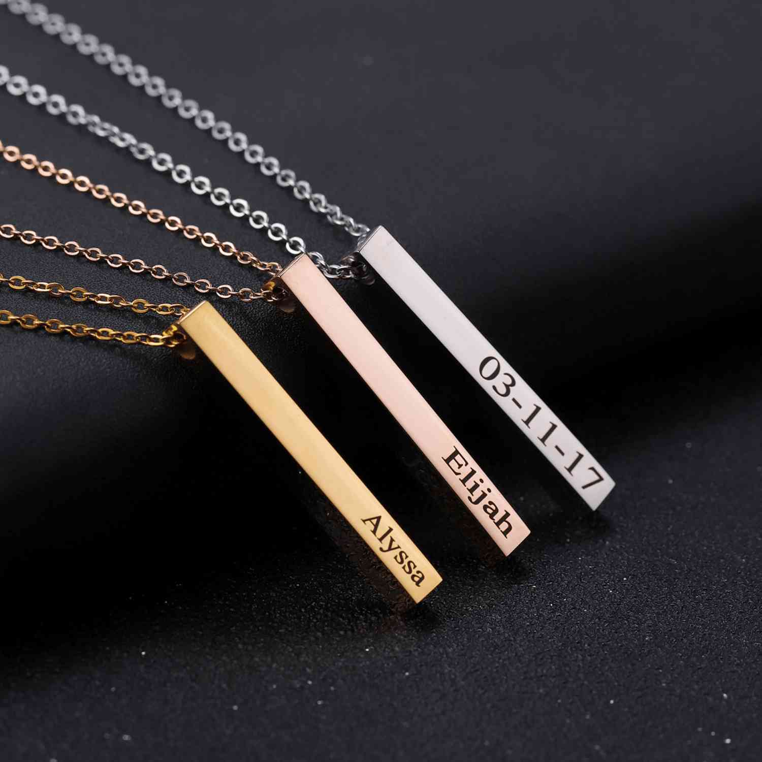 Engraved 3D Bar Necklace - 925 Sterling Silver with CZ Stones