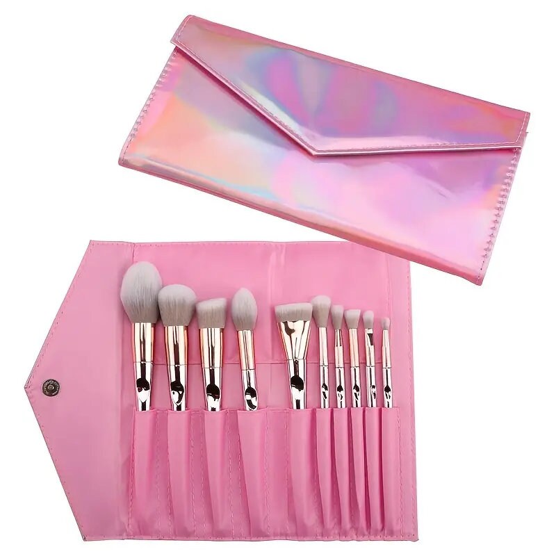 10pcs Pink Makeup Brushes Kit with Storage Bag - Beauty Tools for Eye Shadows, Eyeliners, Eyebrows, Foundations, Blushes, and Lips