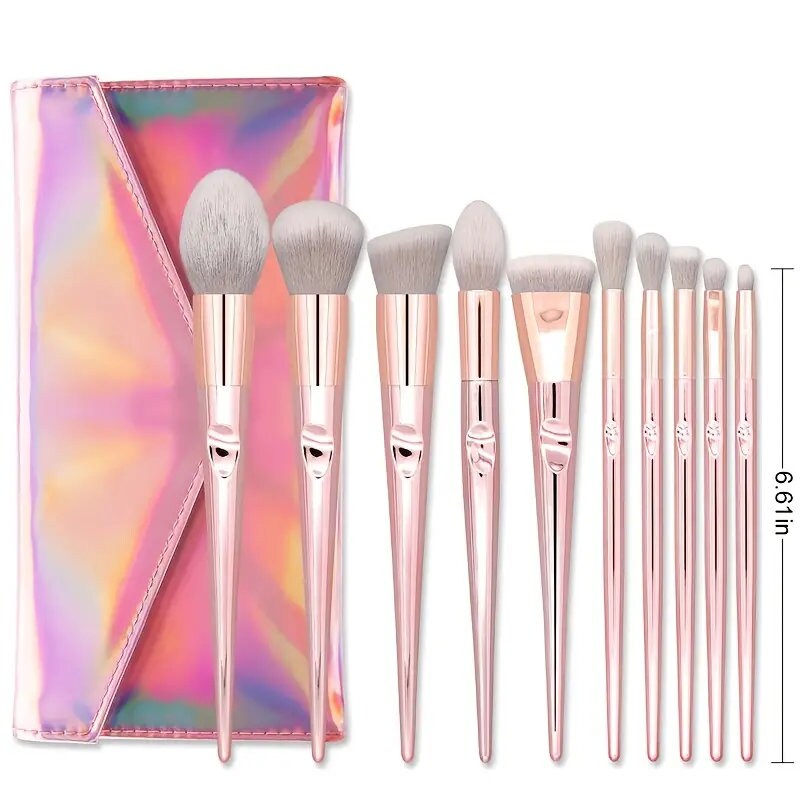 10pcs Pink Makeup Brushes Kit with Storage Bag - Beauty Tools for Eye Shadows, Eyeliners, Eyebrows, Foundations, Blushes, and Lips