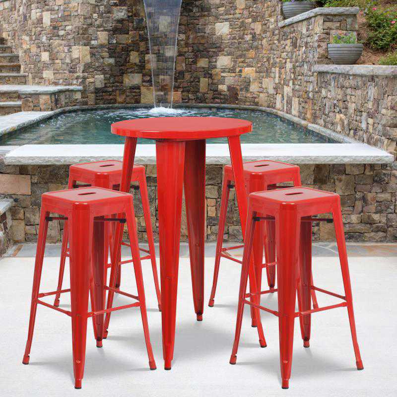 Flash Furniture Ormsby Commercial Grade 24 Round Red Metal Indoor-Outdoor Bar Table Set with 4 Square Seat Backless Stools