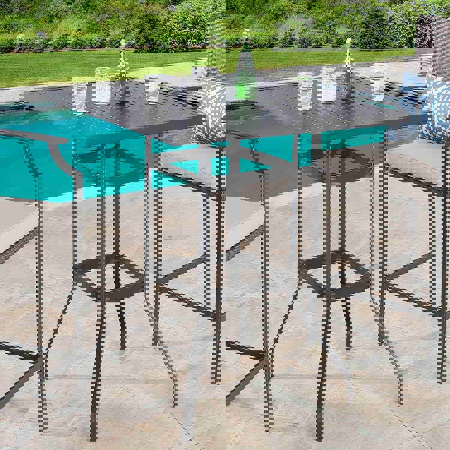 Patio Square Steel Bar Table Outdoor Counter Height Dining Table with Wood-like Grains Tabletop