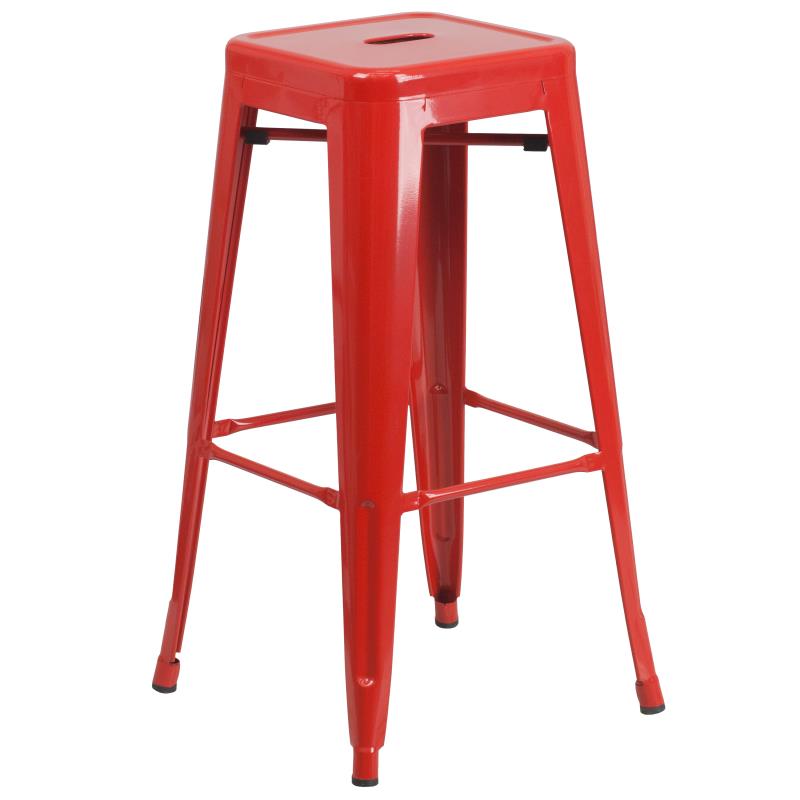 Flash Furniture Ormsby Commercial Grade 24 Round Red Metal Indoor-Outdoor Bar Table Set with 4 Square Seat Backless Stools