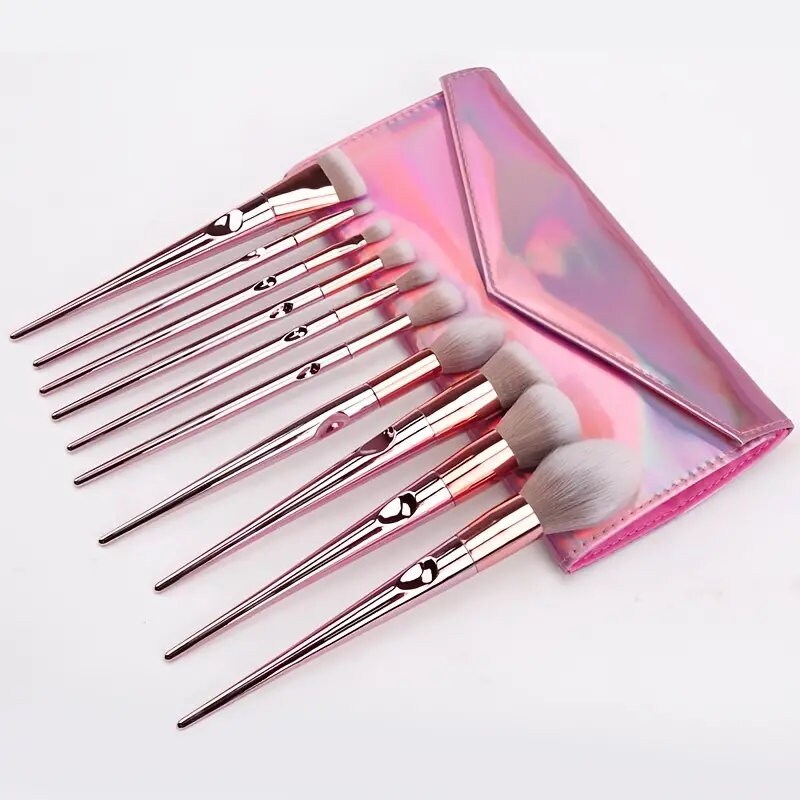 10pcs Pink Makeup Brushes Kit with Storage Bag - Beauty Tools for Eye Shadows, Eyeliners, Eyebrows, Foundations, Blushes, and Lips