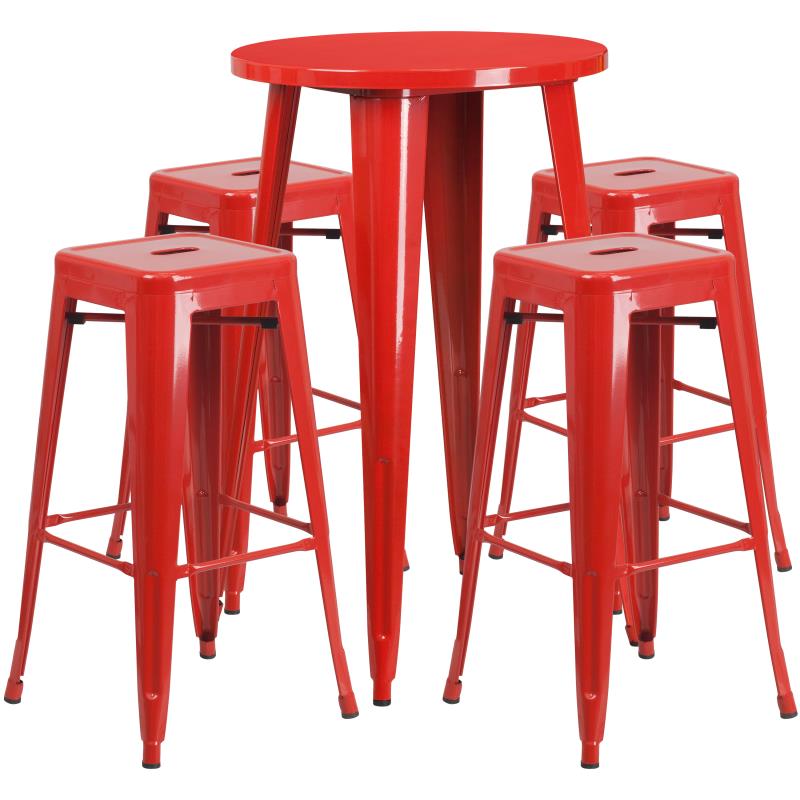 Flash Furniture Ormsby Commercial Grade 24 Round Red Metal Indoor-Outdoor Bar Table Set with 4 Square Seat Backless Stools