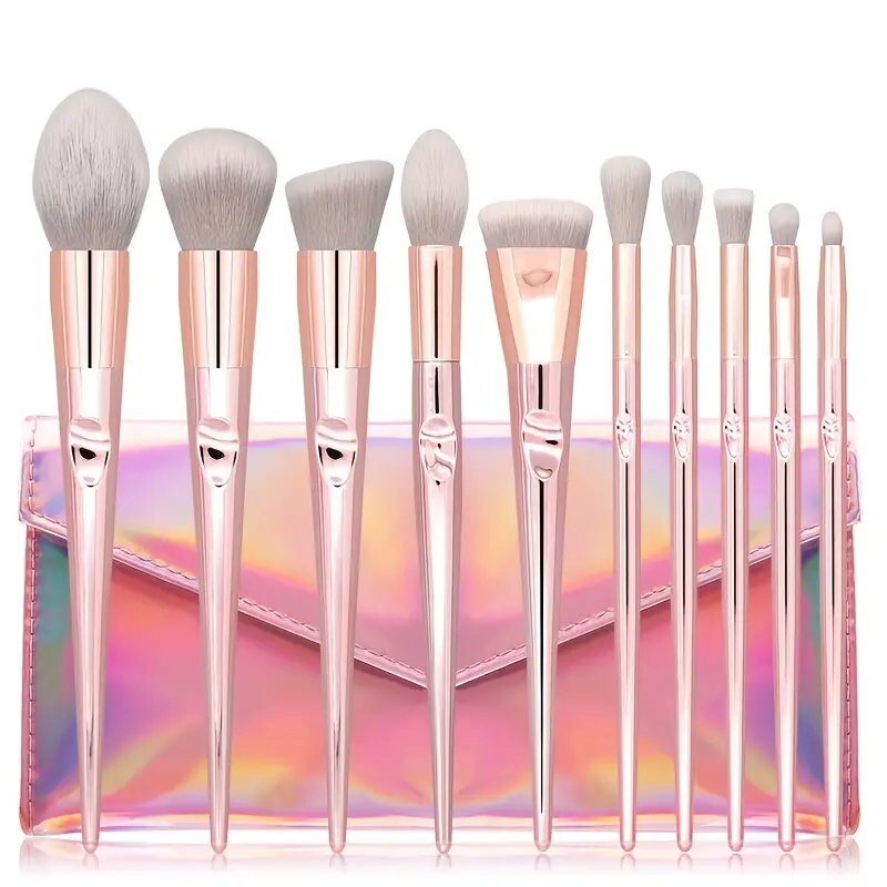 10pcs Pink Makeup Brushes Kit with Storage Bag - Beauty Tools for Eye Shadows, Eyeliners, Eyebrows, Foundations, Blushes, and Lips