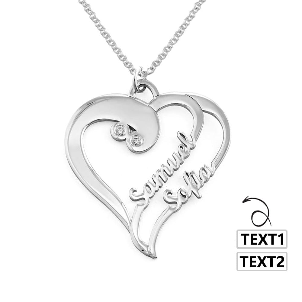 Custom Text Double Heart Necklace - Personalized Silver Name Necklace for Mother's Day Gift