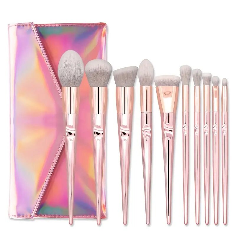 10pcs Pink Makeup Brushes Kit with Storage Bag - Beauty Tools for Eye Shadows, Eyeliners, Eyebrows, Foundations, Blushes, and Lips