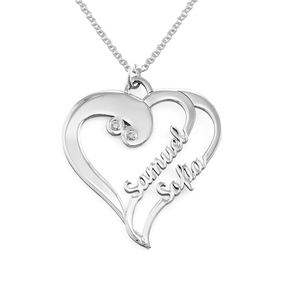 Custom Text Double Heart Necklace - Personalized Silver Name Necklace for Mother's Day Gift