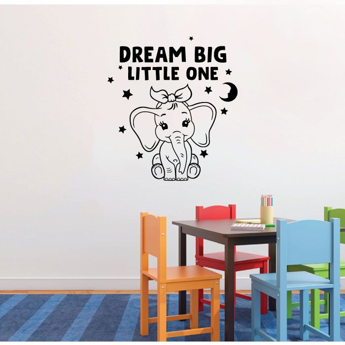 Inspirational Quote Vinyl Wall Sticker Decal - Dream Big Little One Baby Girl Elephant