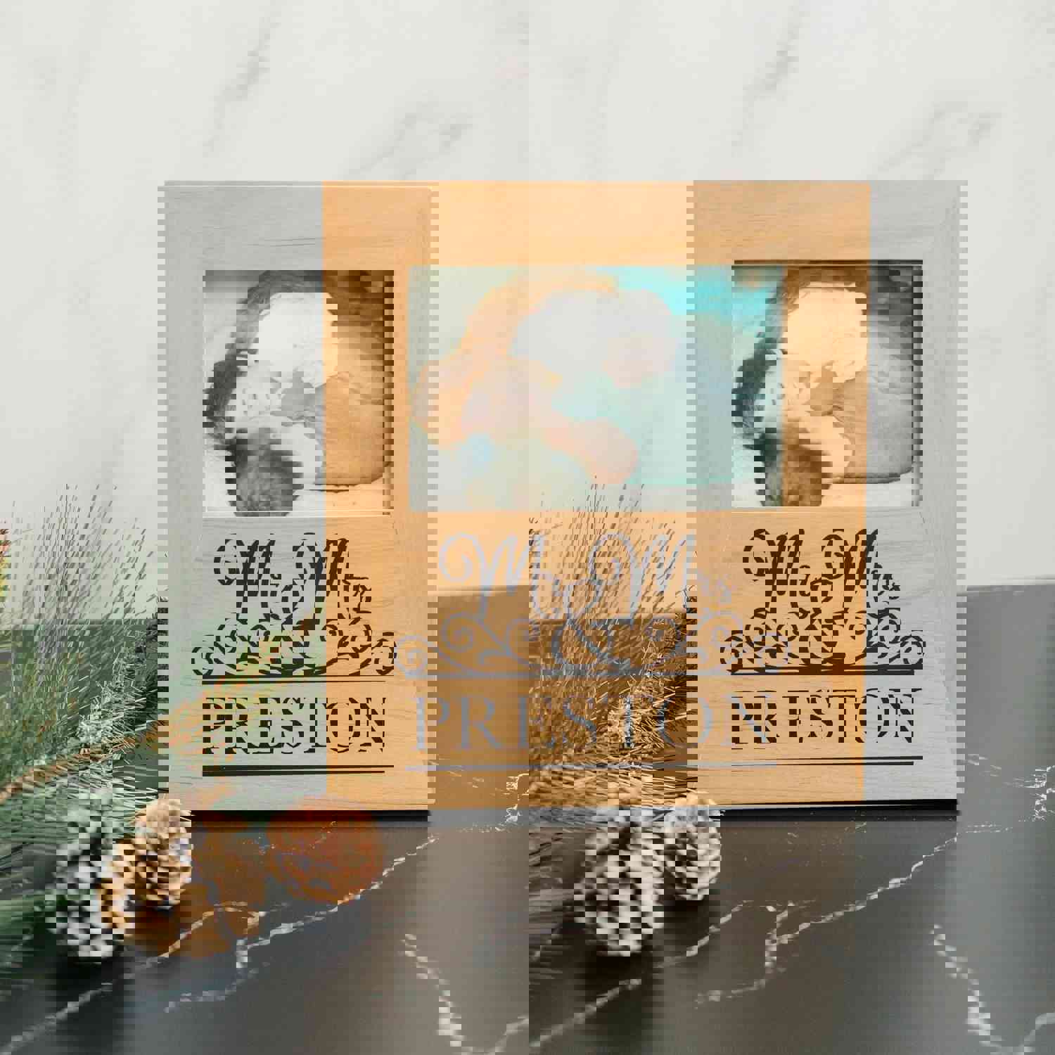 Mr & Mrs Personalized Wood Photo Frame - Custom Wedding & Anniversary Gift