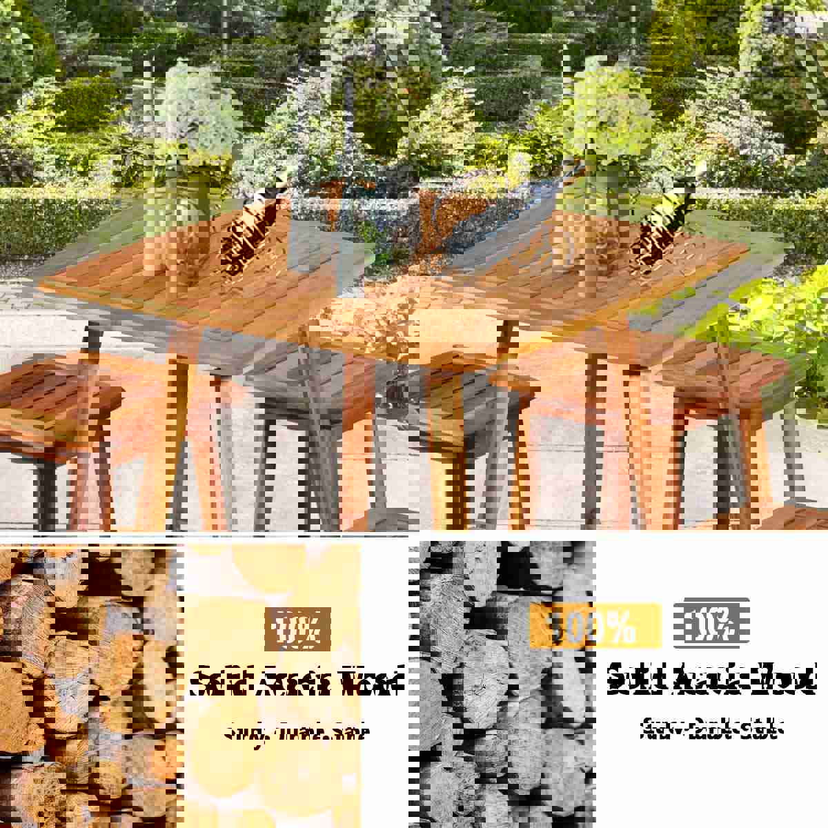 5 Pcs Acacia Wood Patio Dining Set with Square Table & 4 Stools, Outdoor Bistro Set