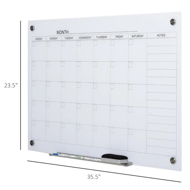 Vinsetto 35x23 Dry Erase Wall Calendar Glass Whiteboard Monthly Planner with 4 Markers and 1 Eraser
