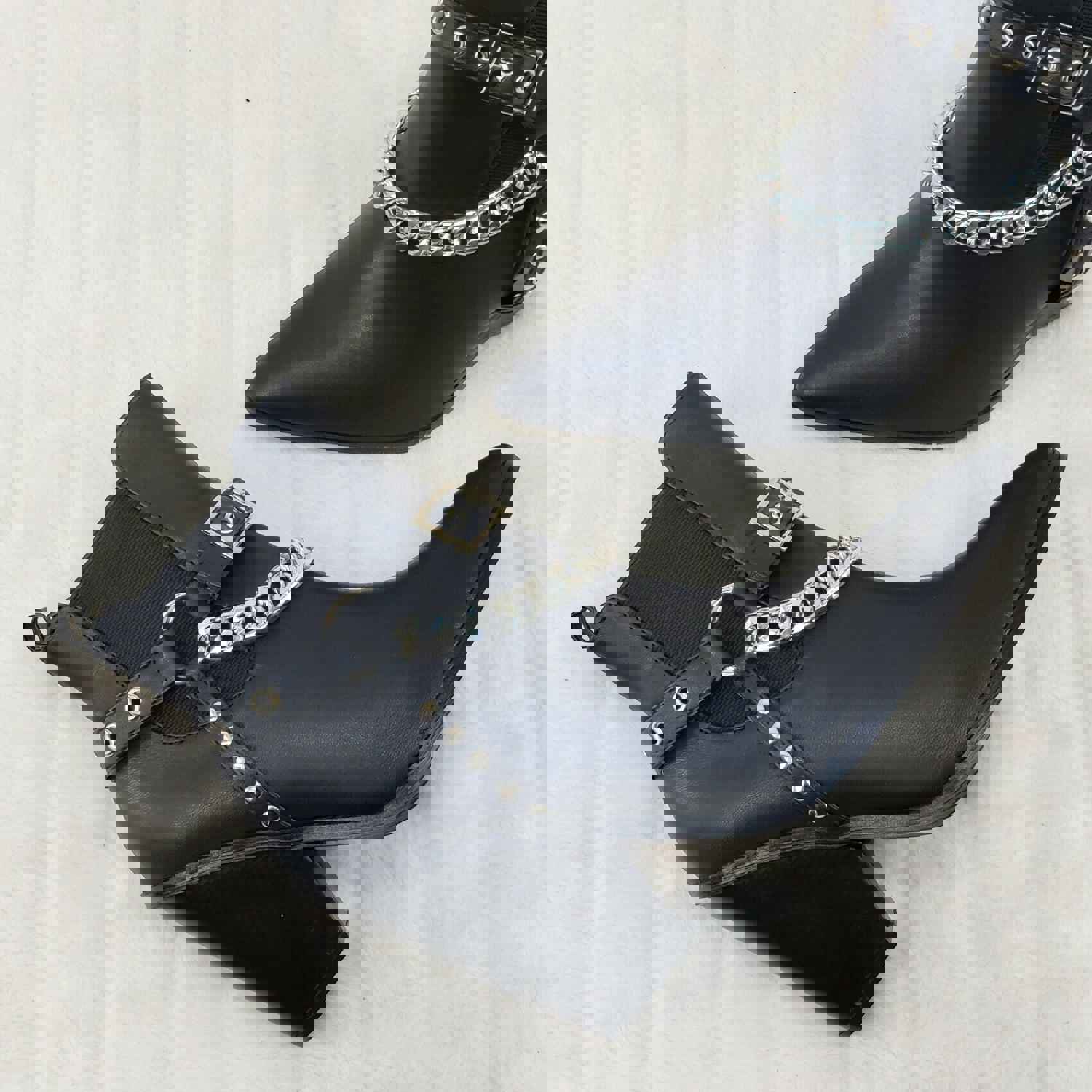 Dimitri Western Chain Strap Cowboy / Cowgirl Pull Ankle Boots Black 6-11