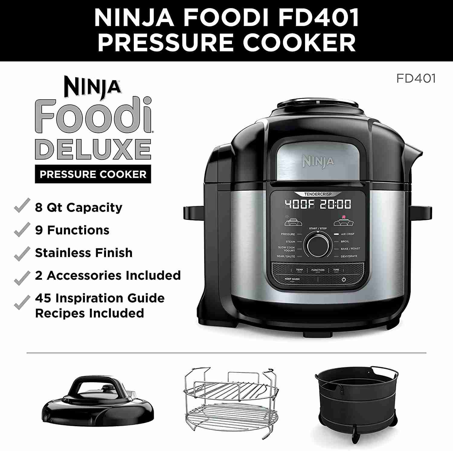 Ninja FD401 Foodi 8-Quart 9-in-1 Deluxe XL Pressure Cooker with Air Fryer and Multi-Cooker Functions