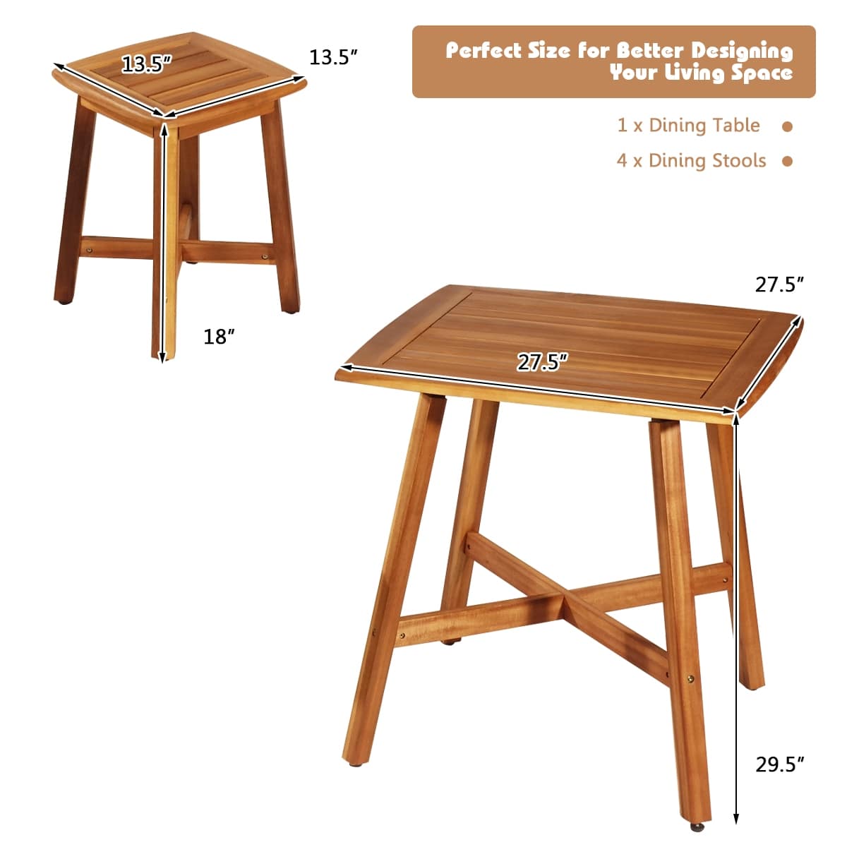 5 Pcs Acacia Wood Patio Dining Set with Square Table & 4 Stools, Outdoor Bistro Set