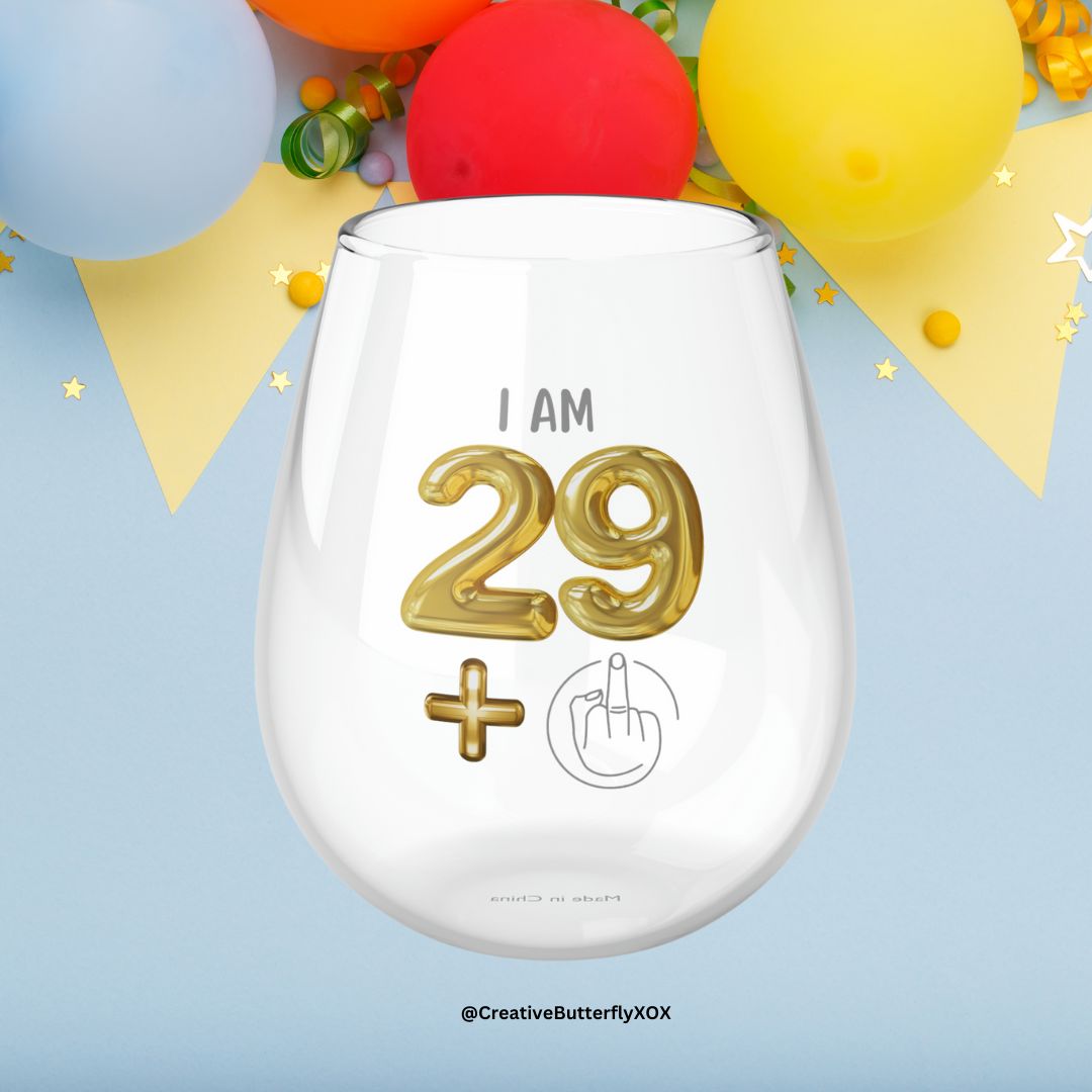 30th Birthday Stemless Wine Glass - Funny 29 + Middle Finger Design