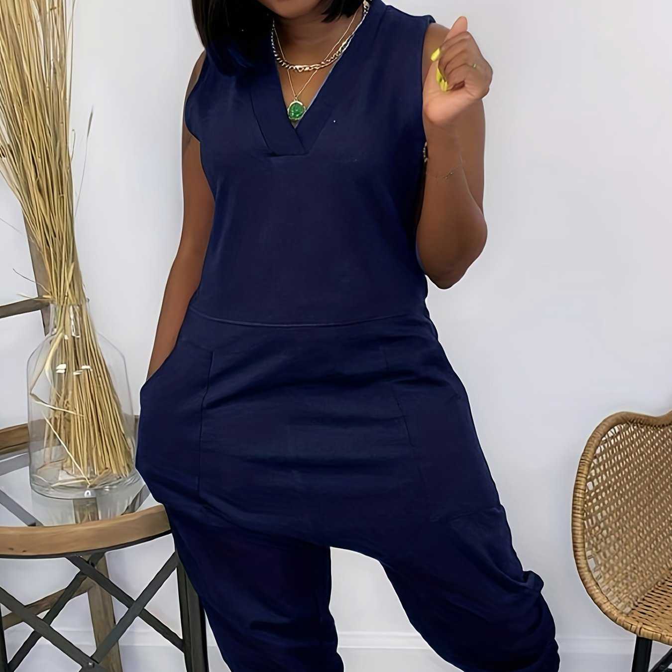 Solid Baggy V Neck Summer Casual Jumpsuit for Women