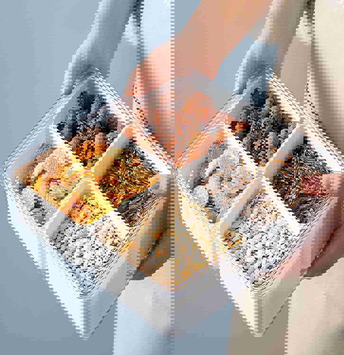 MANO Divided Veggie Tray with Lid - Stackable 4-Compartment Food Storage Container