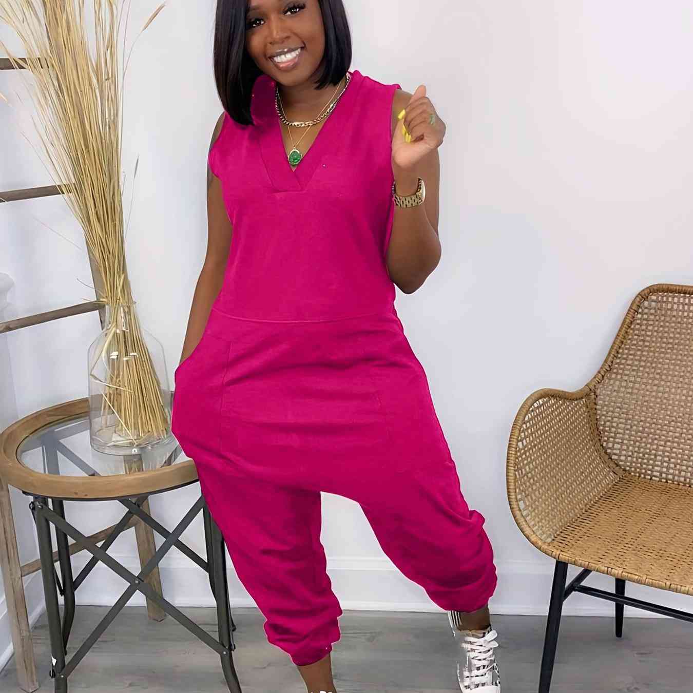 Solid Baggy V Neck Summer Casual Jumpsuit for Women