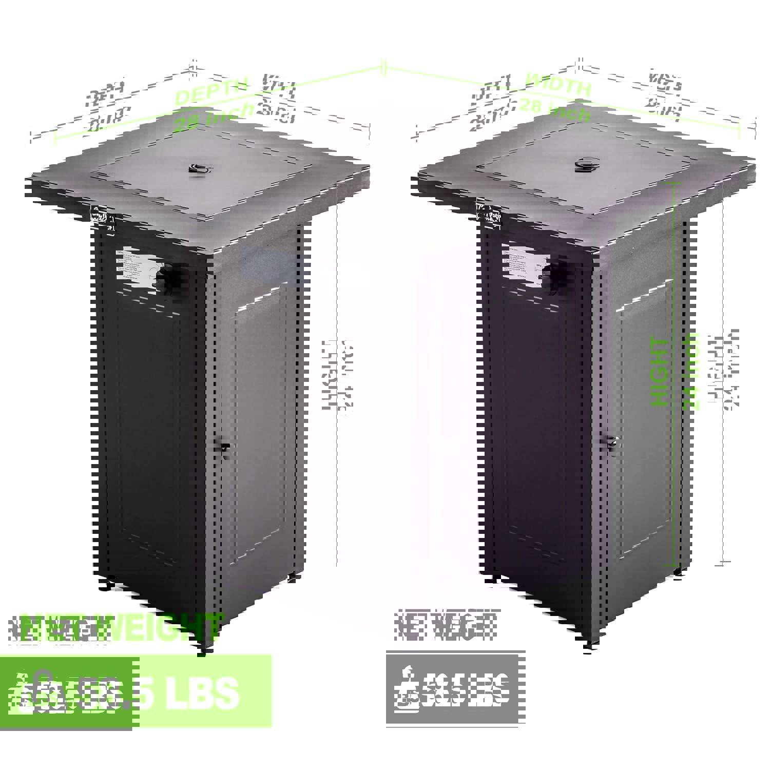 28 Outdoor Propane Fire Pits Table, 50000 BTU Gas Square Firepit Tables with Lid, Lava Stone, ETL Certification