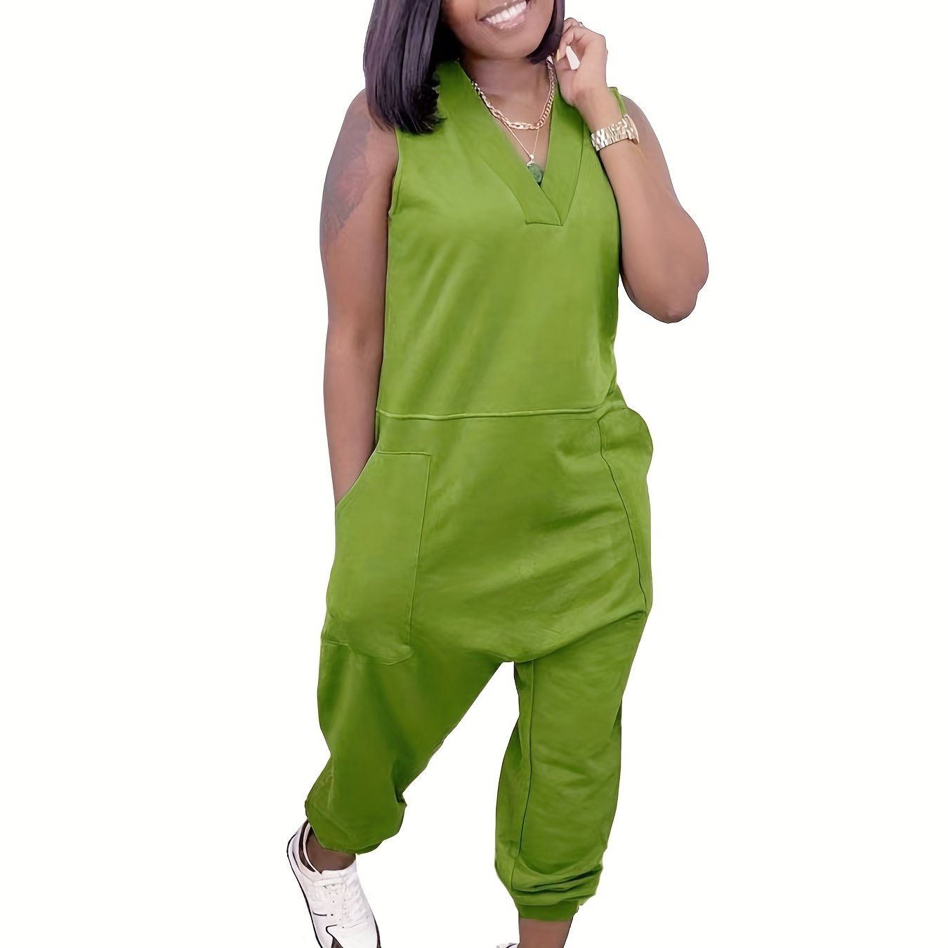 Solid Baggy V Neck Summer Casual Jumpsuit for Women