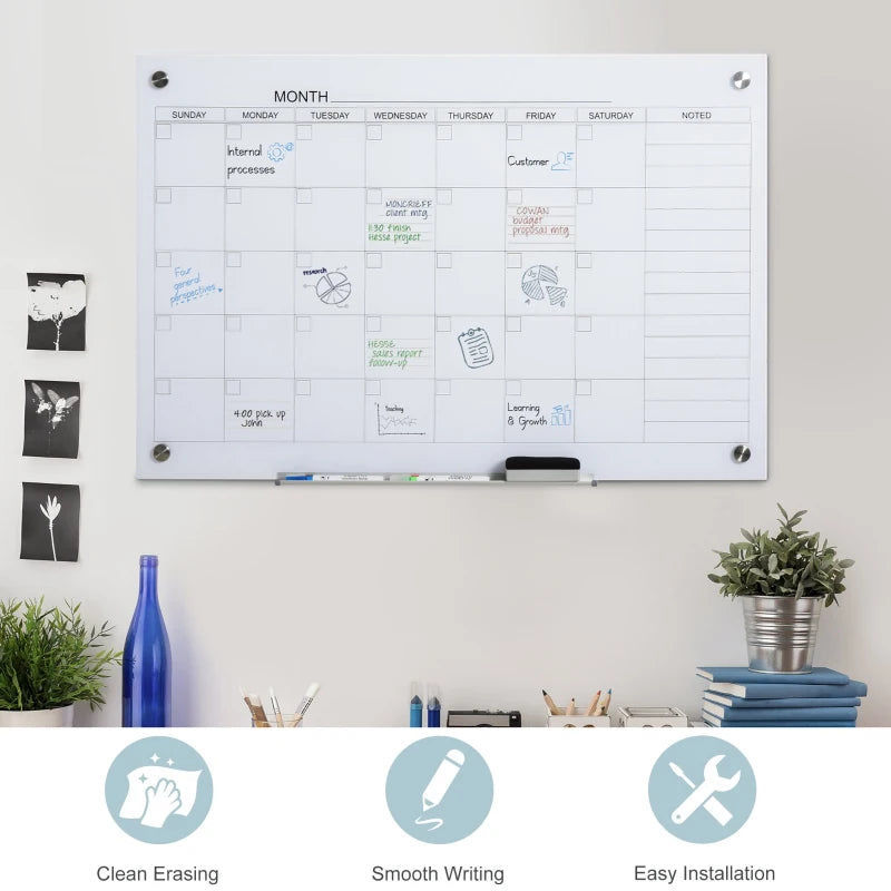 Vinsetto 35x23 Dry Erase Wall Calendar Glass Whiteboard Monthly Planner with 4 Markers and 1 Eraser