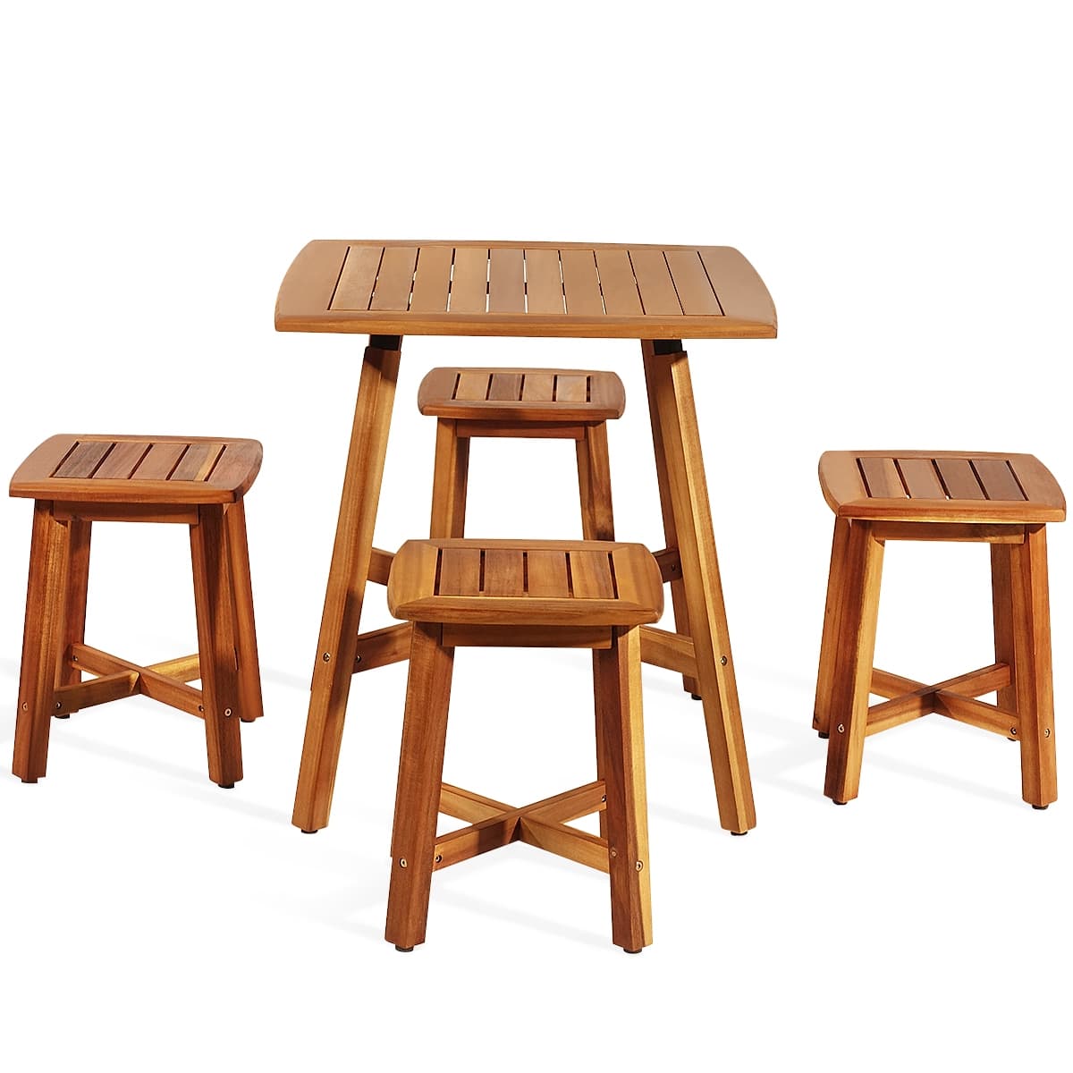 5 Pcs Acacia Wood Patio Dining Set with Square Table & 4 Stools, Outdoor Bistro Set