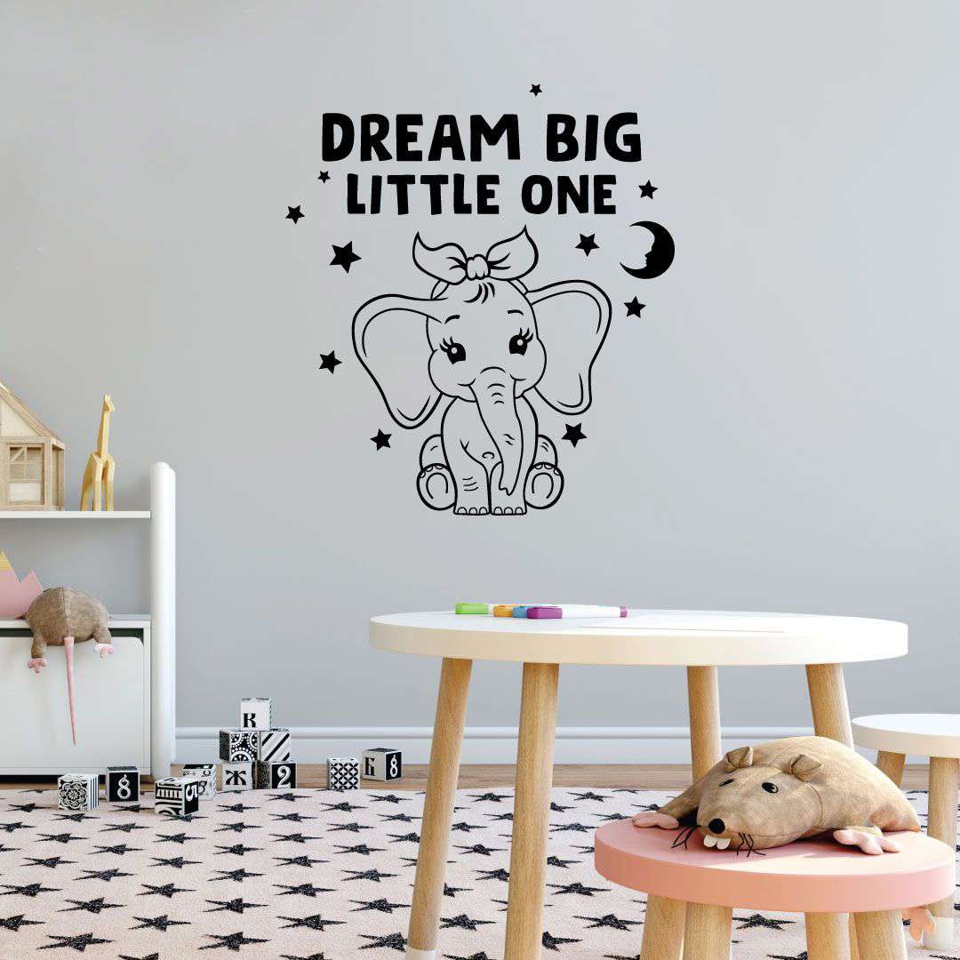 Inspirational Quote Vinyl Wall Sticker Decal - Dream Big Little One Baby Girl Elephant