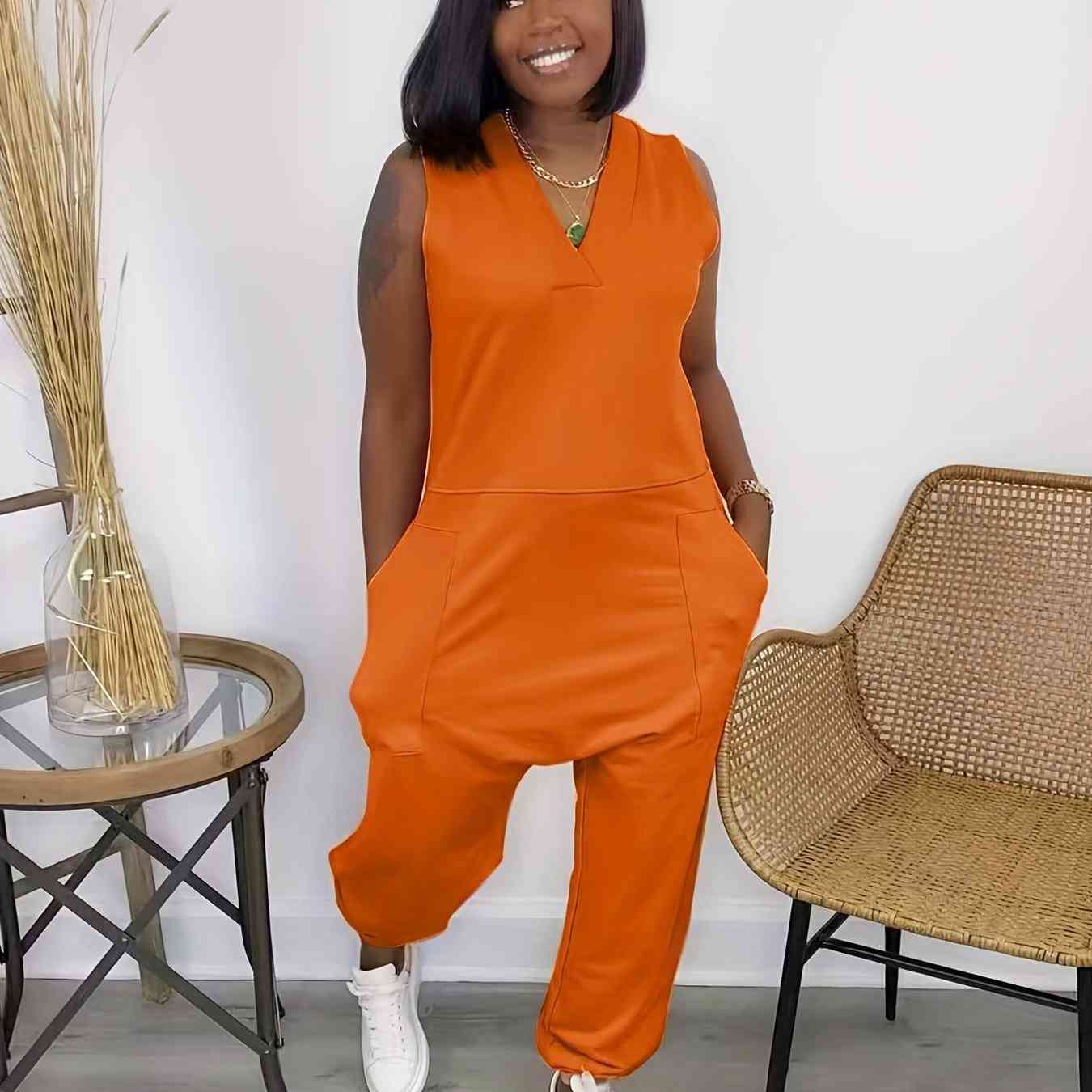 Solid Baggy V Neck Summer Casual Jumpsuit for Women