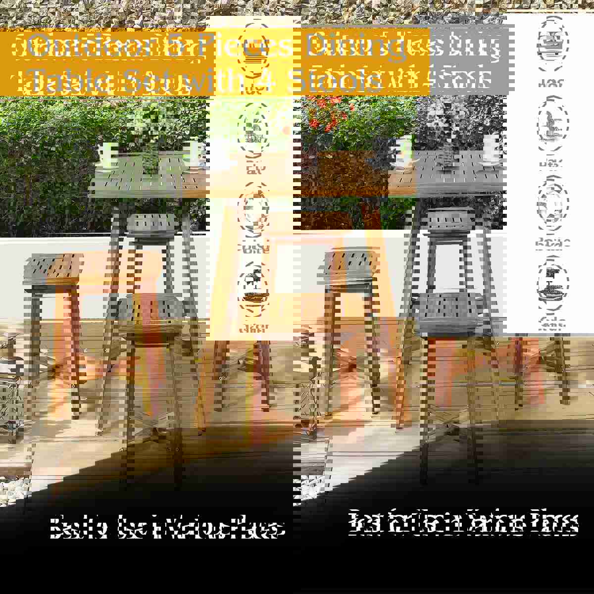 5 Pcs Acacia Wood Patio Dining Set with Square Table & 4 Stools, Outdoor Bistro Set