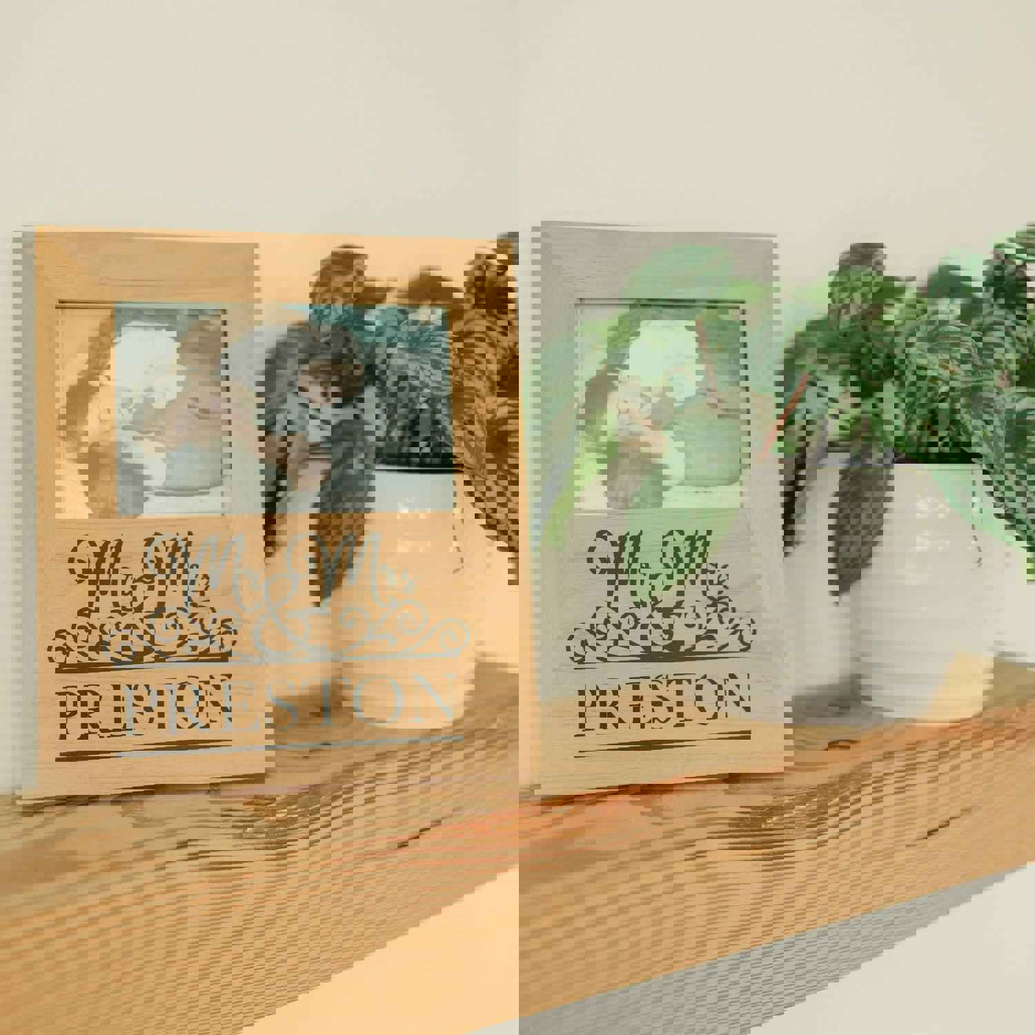 Mr & Mrs Personalized Wood Photo Frame - Custom Wedding & Anniversary Gift