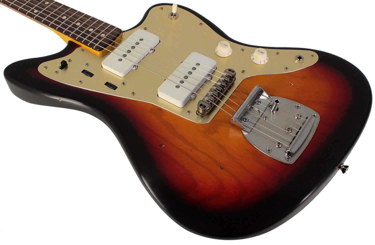 Nash JM-63 Jazzmaster Guitar, 3 Tone Sunburst, Gold Anodized Pickguard, Light Aging
