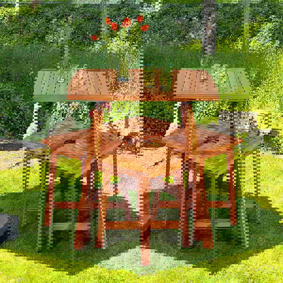 5 Pcs Acacia Wood Patio Dining Set with Square Table & 4 Stools, Outdoor Bistro Set