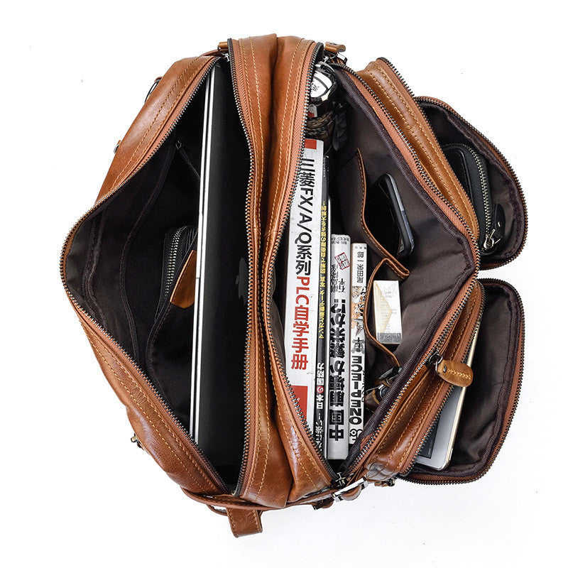 Mens Leather Briefcase Multifunctional Handbag with Large Capacity Full-grain Cowhide Business Bag