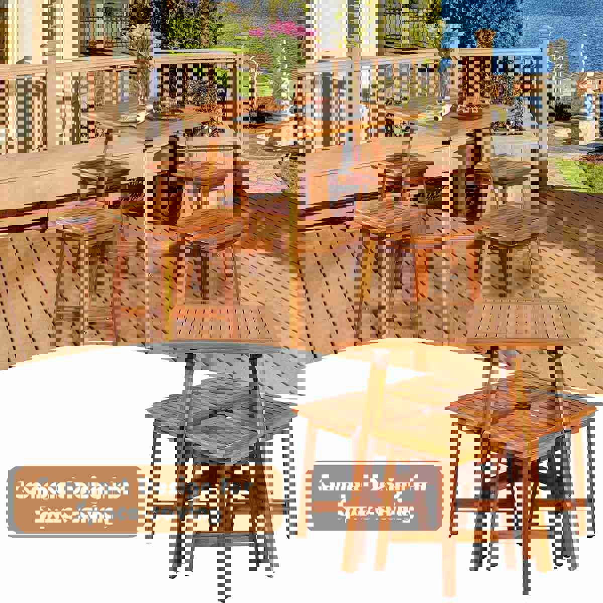 5 Pcs Acacia Wood Patio Dining Set with Square Table & 4 Stools, Outdoor Bistro Set