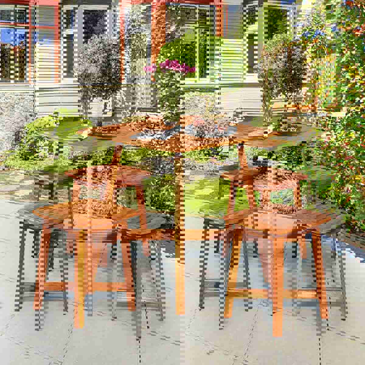 5 Pcs Acacia Wood Patio Dining Set with Square Table & 4 Stools, Outdoor Bistro Set
