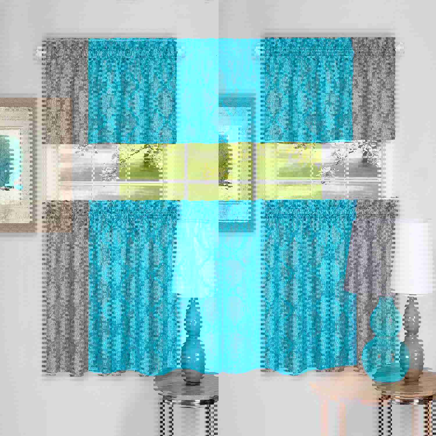 Colby 3-Piece Printed Kitchen Curtain Set, Turquoise, Tiers 58x36, Swag 58x14 Inches