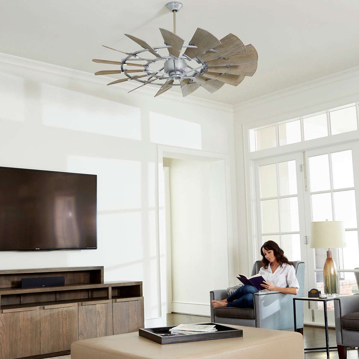 Rustic Windmill Ceiling Fan with 15 Wooden Blades & Energy-Efficient DC-165L Motor