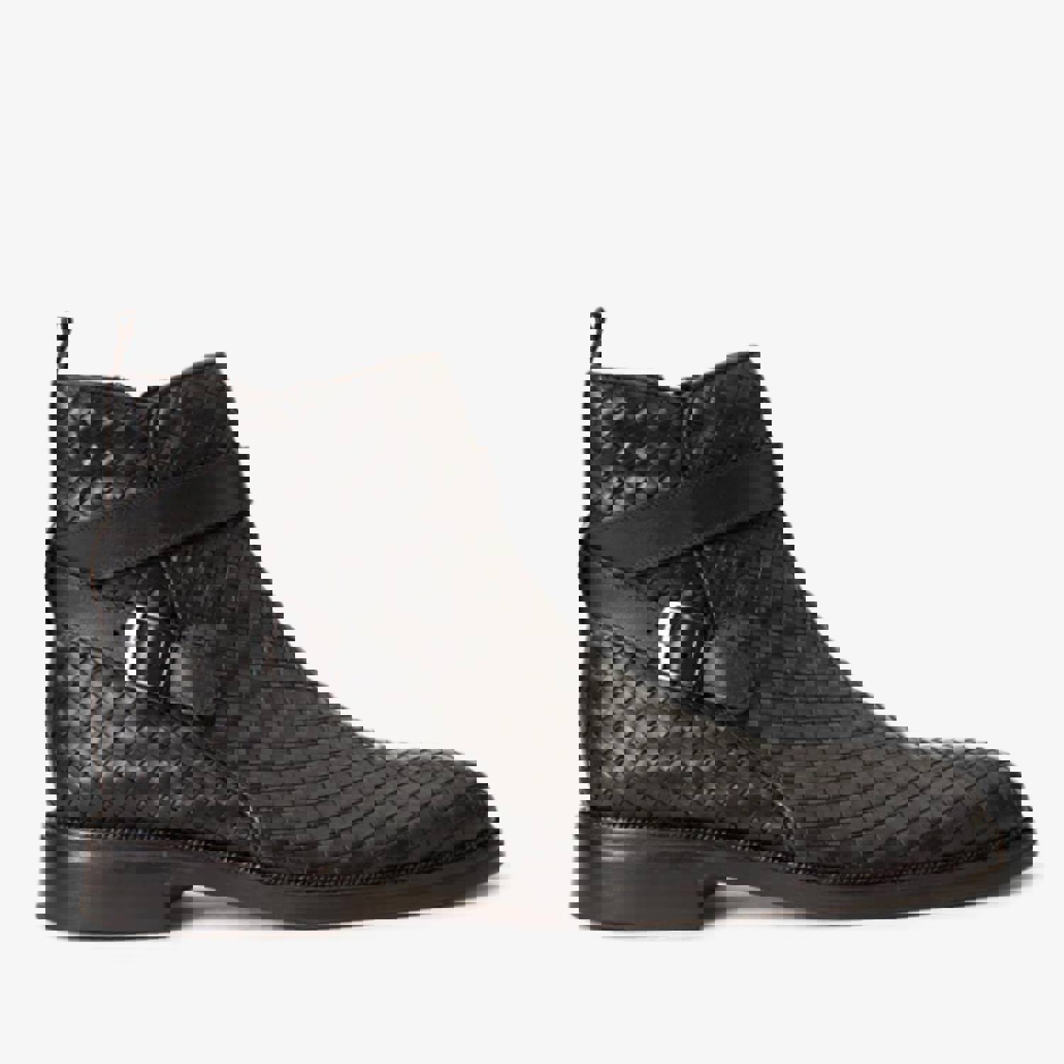 Morral Black Handwoven Leather Cross Strap Buckle Zip-Up Men Boot