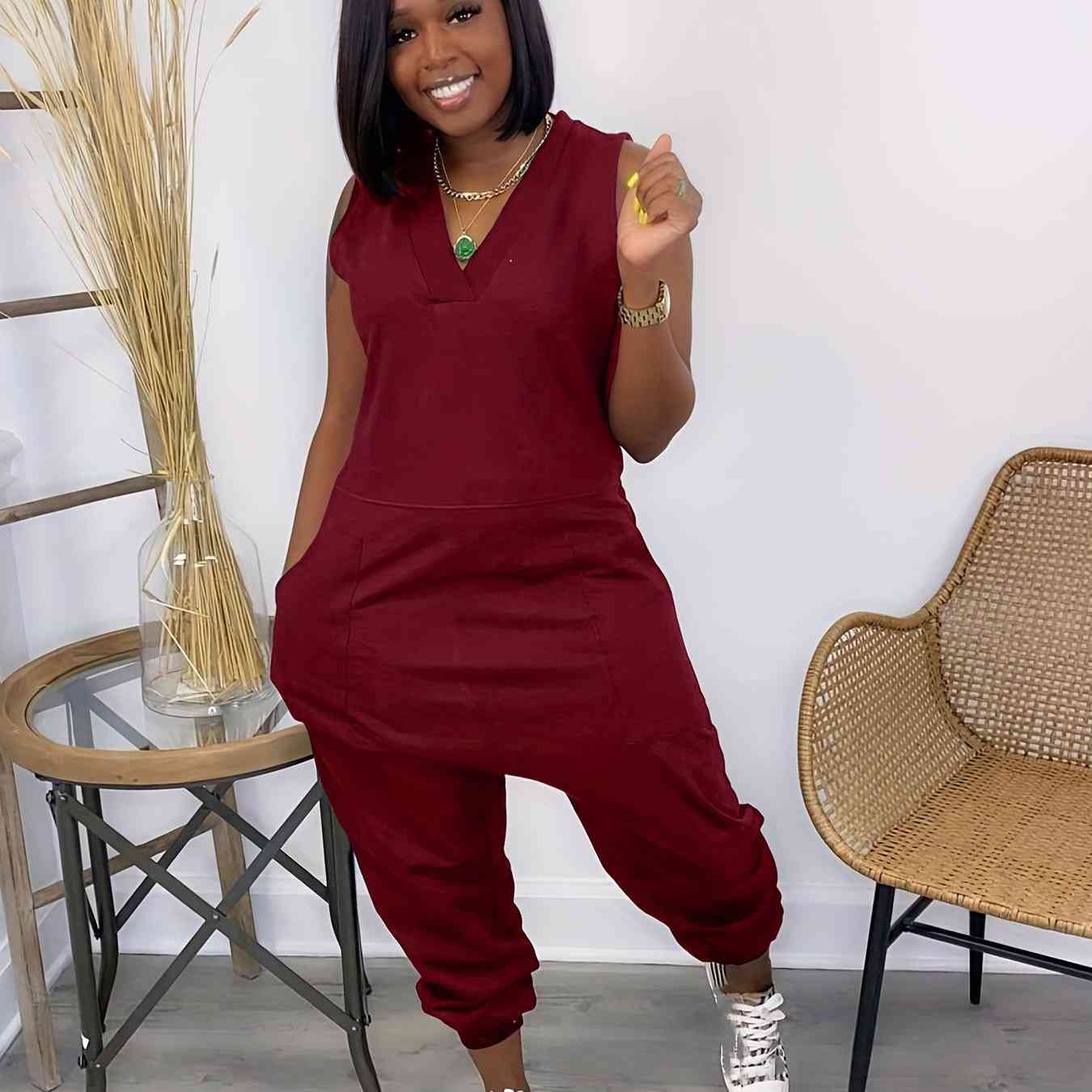 Solid Baggy V Neck Summer Casual Jumpsuit for Women