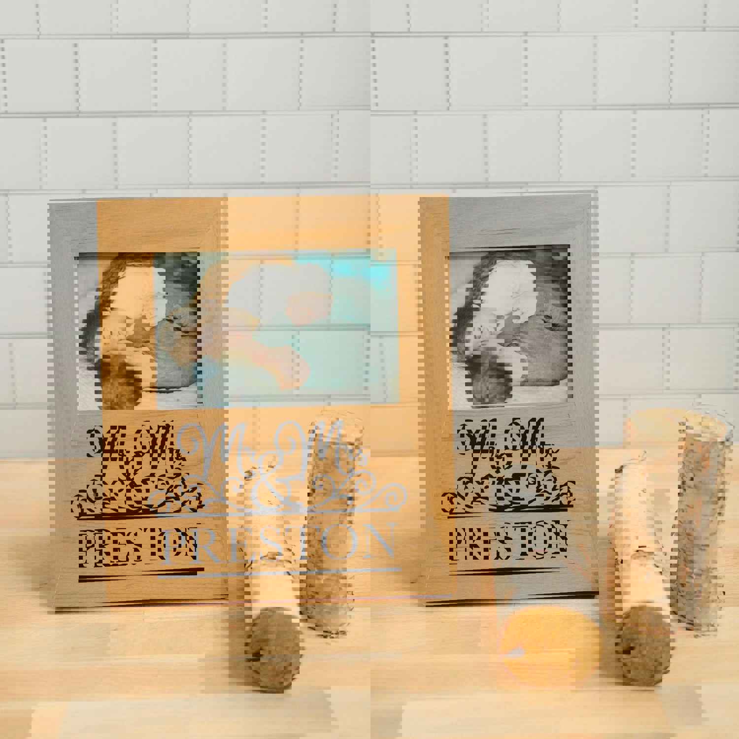 Mr & Mrs Personalized Wood Photo Frame - Custom Wedding & Anniversary Gift