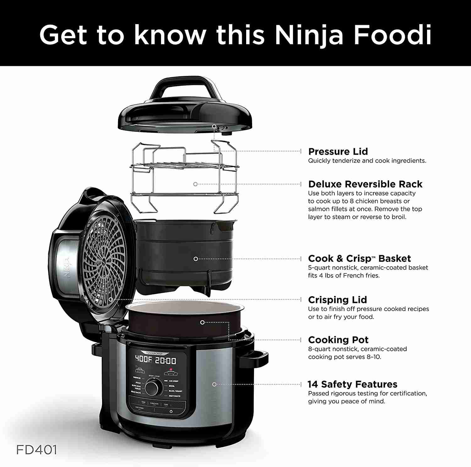 Ninja FD401 Foodi 8-Quart 9-in-1 Deluxe XL Pressure Cooker with Air Fryer and Multi-Cooker Functions