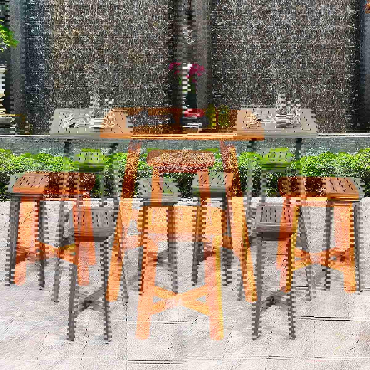 5 Pcs Acacia Wood Patio Dining Set with Square Table & 4 Stools, Outdoor Bistro Set