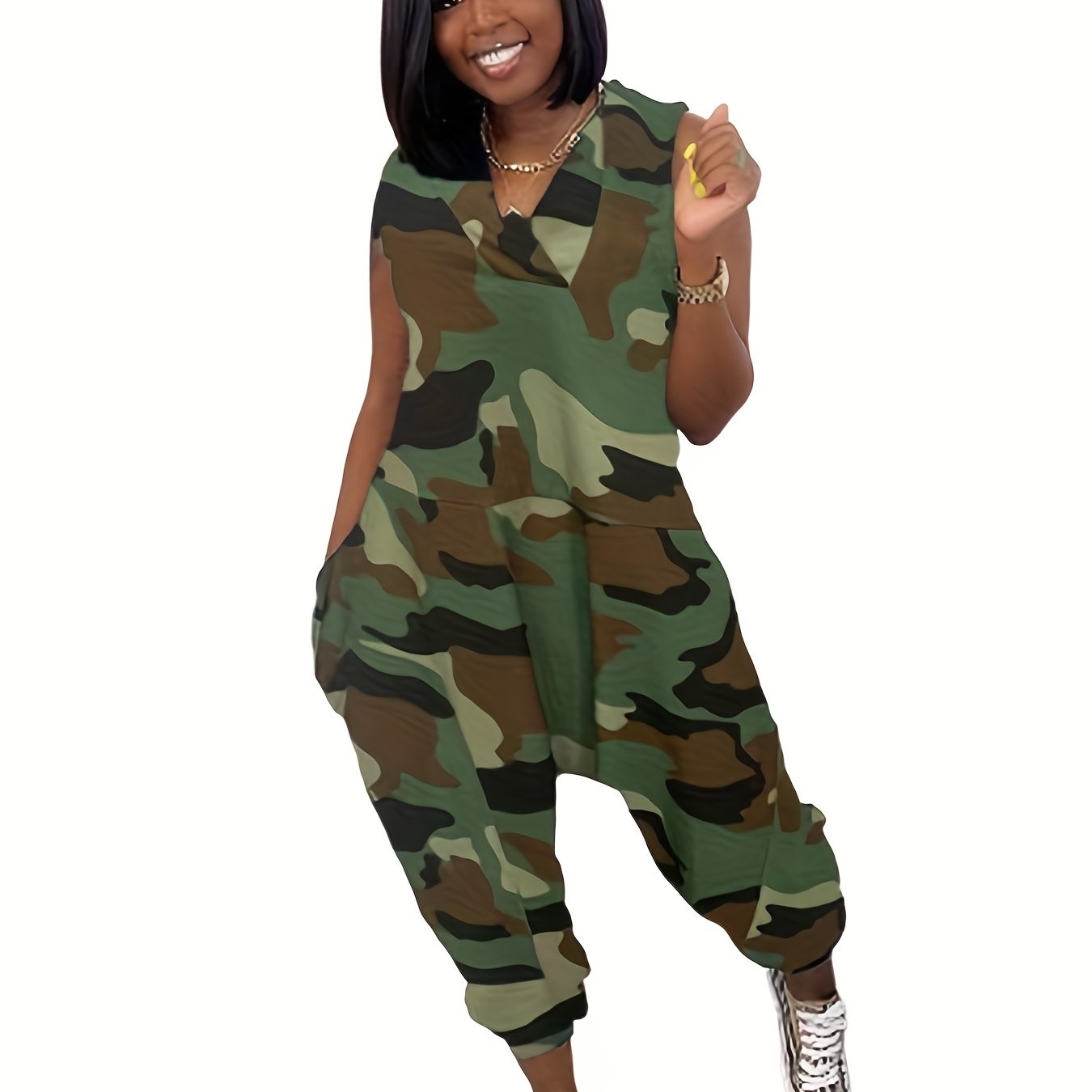 Solid Baggy V Neck Summer Casual Jumpsuit for Women