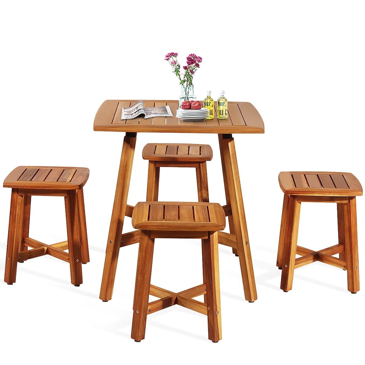 5 Pcs Acacia Wood Patio Dining Set with Square Table & 4 Stools, Outdoor Bistro Set