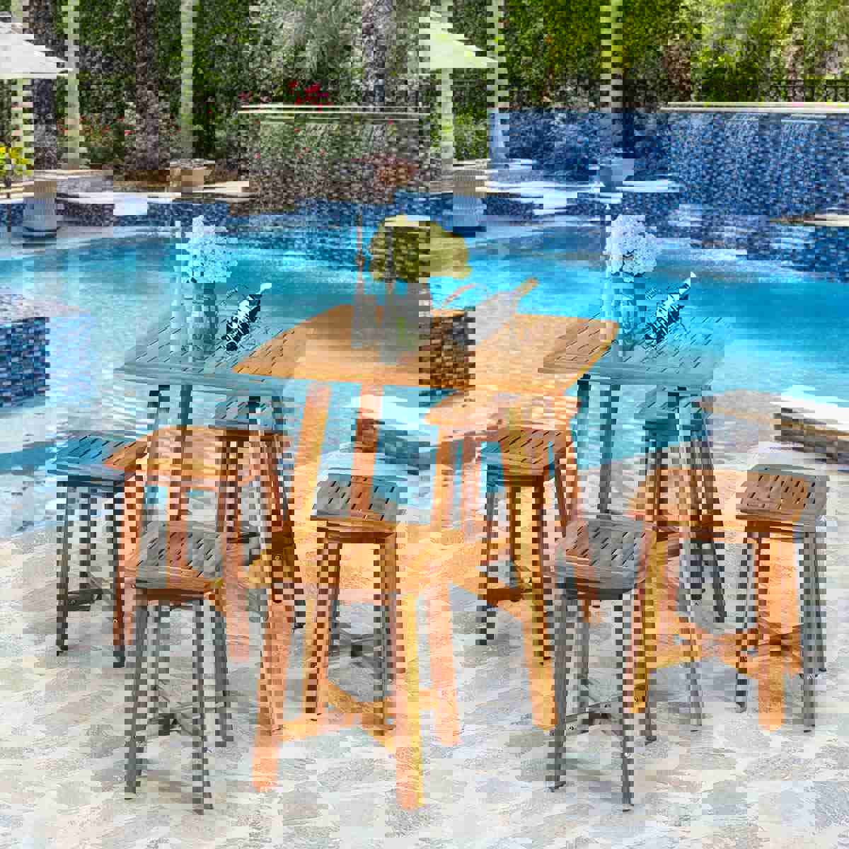 5 Pcs Acacia Wood Patio Dining Set with Square Table & 4 Stools, Outdoor Bistro Set