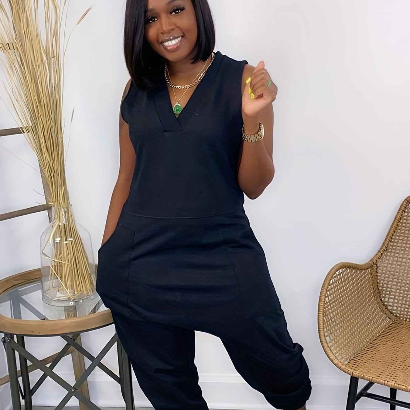 Solid Baggy V Neck Summer Casual Jumpsuit for Women