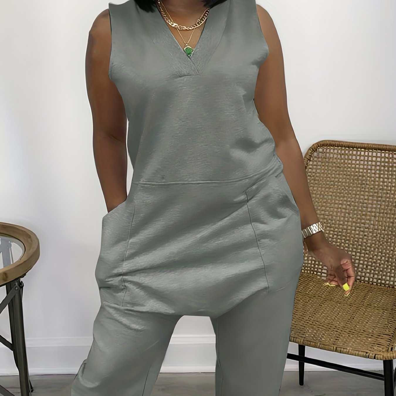 Solid Baggy V Neck Summer Casual Jumpsuit for Women