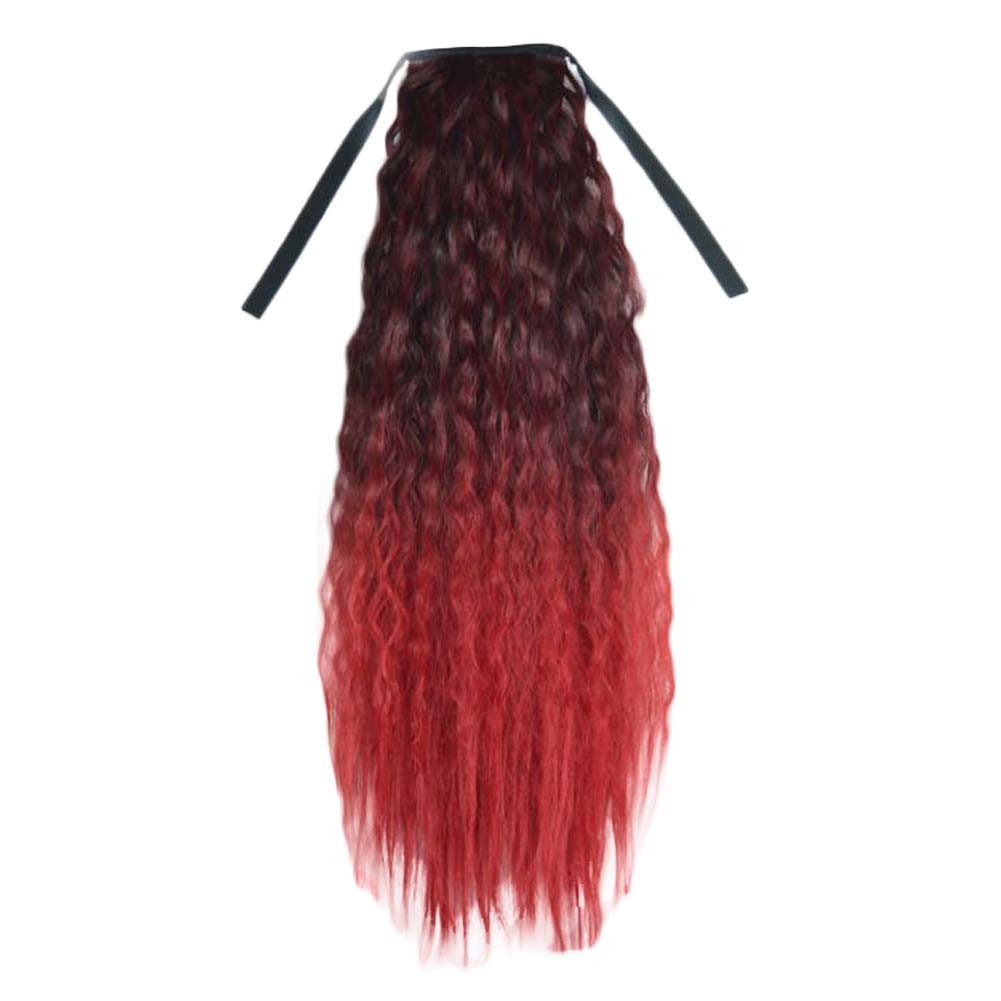 Wavy Curly Wrap Around Ponytail Wig Extension for Women - Synthetic Hairpiece (Black to Wine Red)