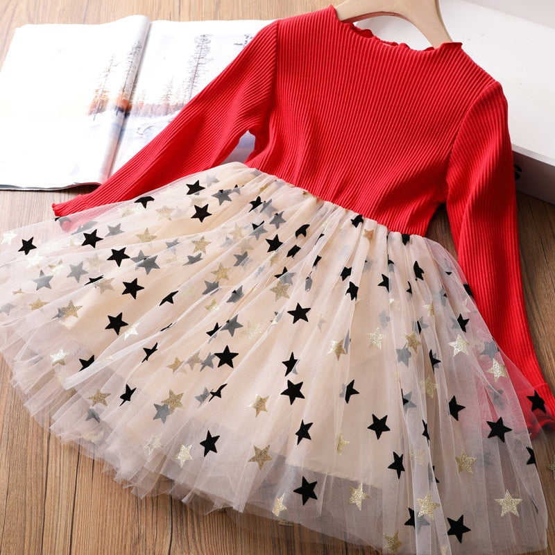 Girls Autumn Winter Long Sleeve Princess Tutu Dress for Wedding Birthday Party